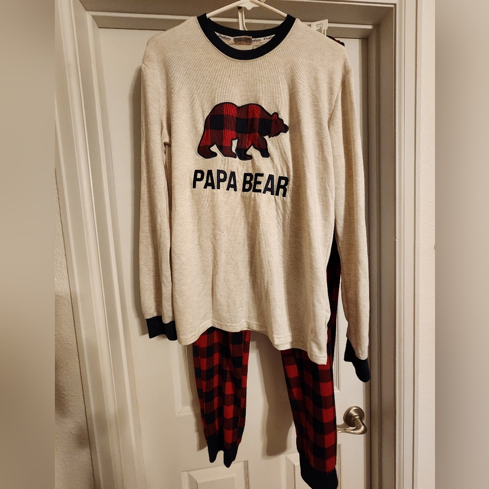 Men's Holiday Pajama Set - Cream and Red Plaid Papa Bear